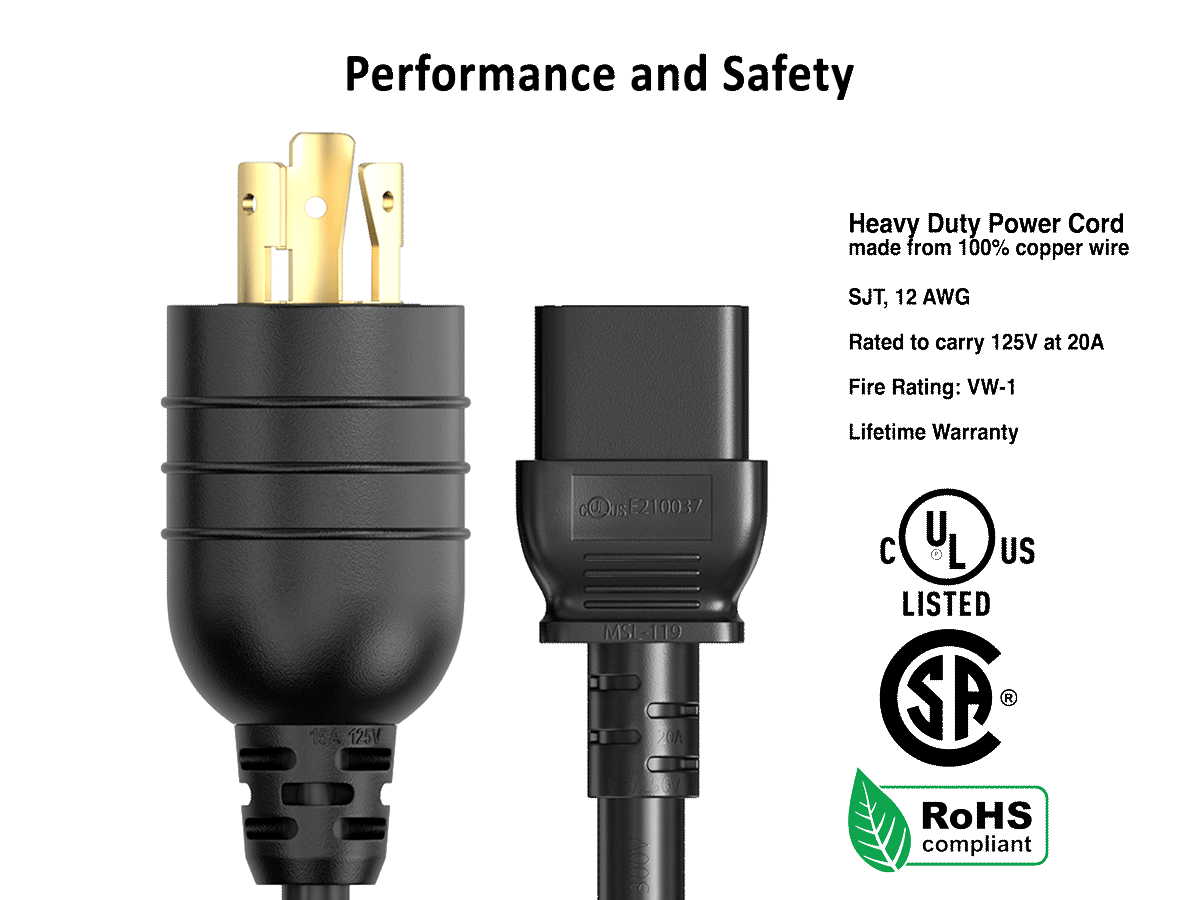 Performance and Safety

Heavy Duty Power Cord made from 100% copper wire
SJT, 12 AWG
Rated to carry 125V at 20A
Fire Rating: VW-1
Lifetime Warranty

15A 125V

E210037 MSI-119 20A

UL US LISTED SP

RoHS compliant