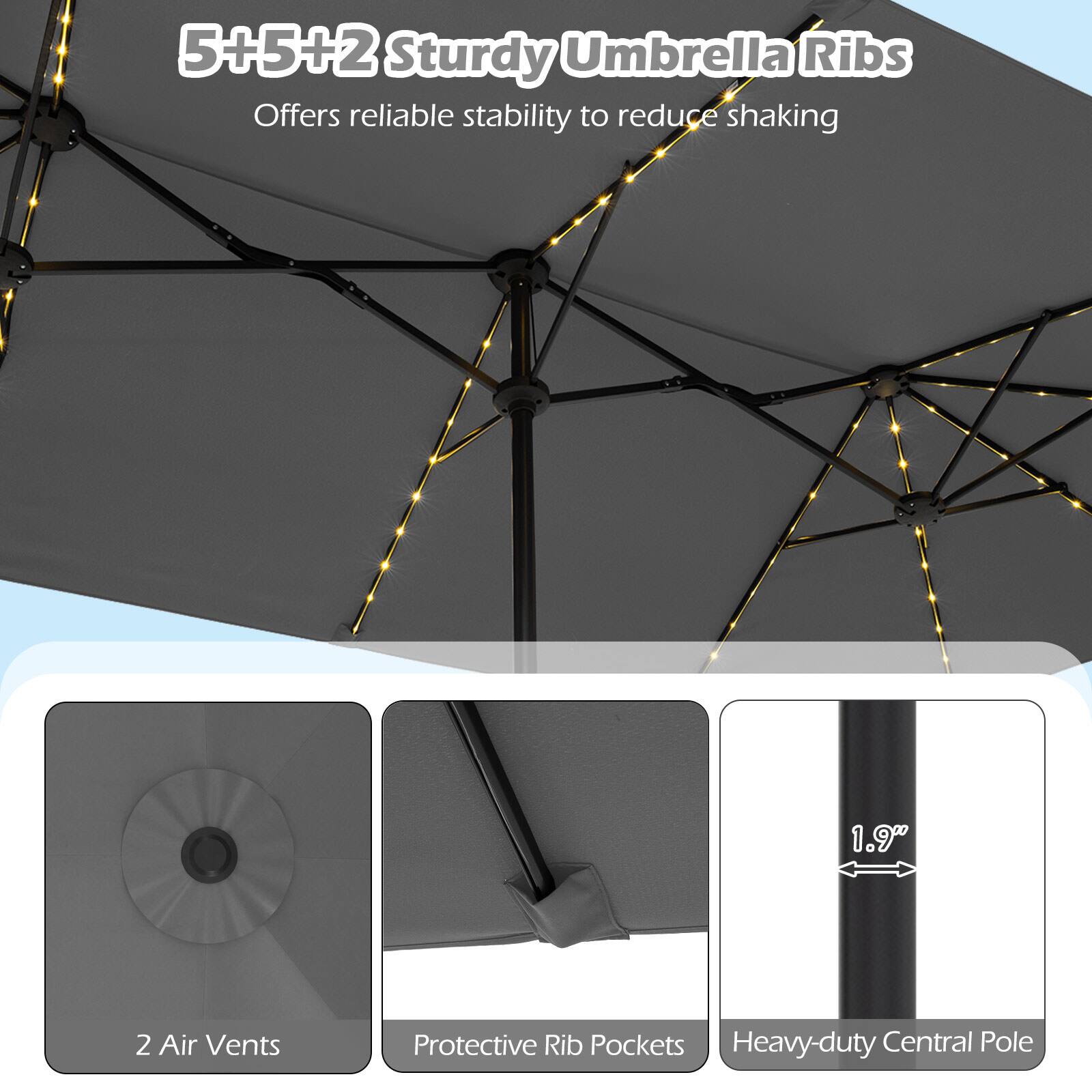 5+5+2 Sturdy Umbrella Ribs Offers reliable stability to reduce shaking

1.9"
2 Air Vents
Protective Rib Pockets
Heavy-duty Central Pole