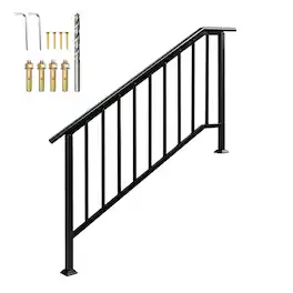 Winado - Handrails 4-Step with Straight End, Wrought Iron Stair Railing for Concrete Indoor Outdoor Steps Fits Garden Porch - Black