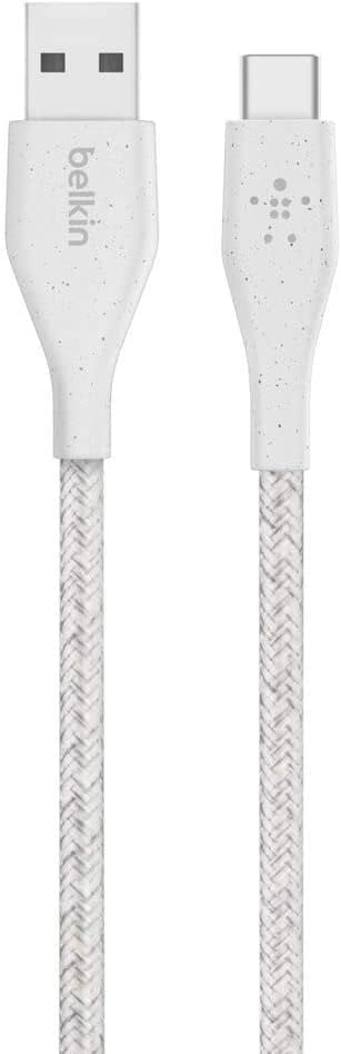 Left. Belkin - Belkin DuraTek Plus USB C to USB Cable - USB-A Cable W/Leather Strap - Ultra-Strong Charging Cable W/Flexible Insulation - white.