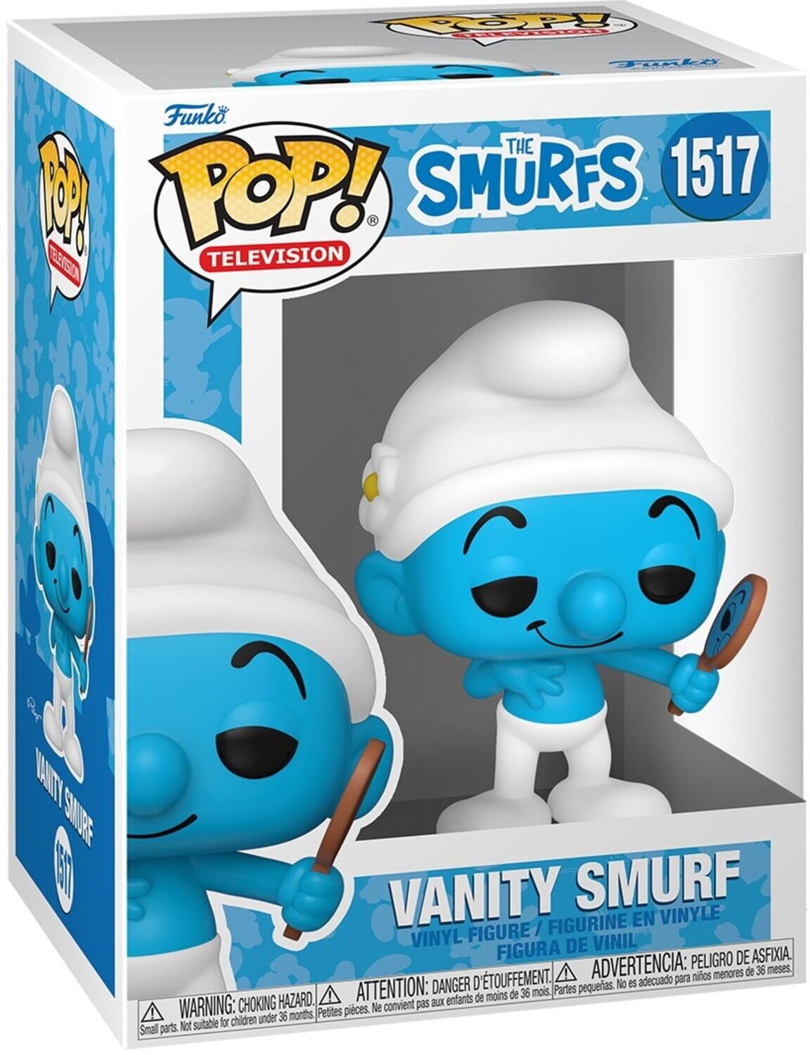 Funko, The 1 Pop! Smurfs 1517 Television, Vanity Smurf, Figurine en Vinyle, Figura / Vinil, Peligro de asfixia, D'etouffement, Advertencia: para niños menores de 36 meses, Danger, pequeñas piezas, No es adecuado, Choking hazard, Attention: enfants de moins de 36 mois, Parts pequeñas, Not suitable for children under 36 months, Warning: choking hazard, Petites pieces, Ne convient pas aux 36 mois, Small parts.