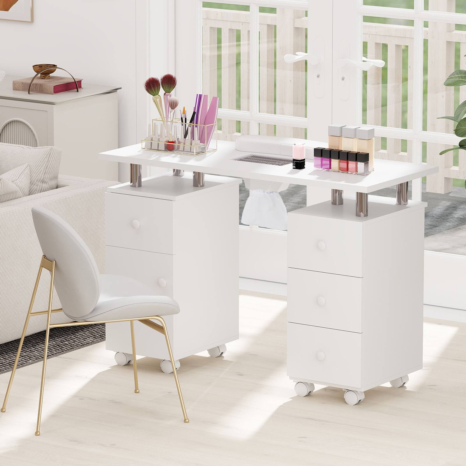 Alt View 3. Gymax - Gymax Manicure Table Nail Desk w/ Electric Dust Collector 3 Dust Bags Wrist Rest White - White.