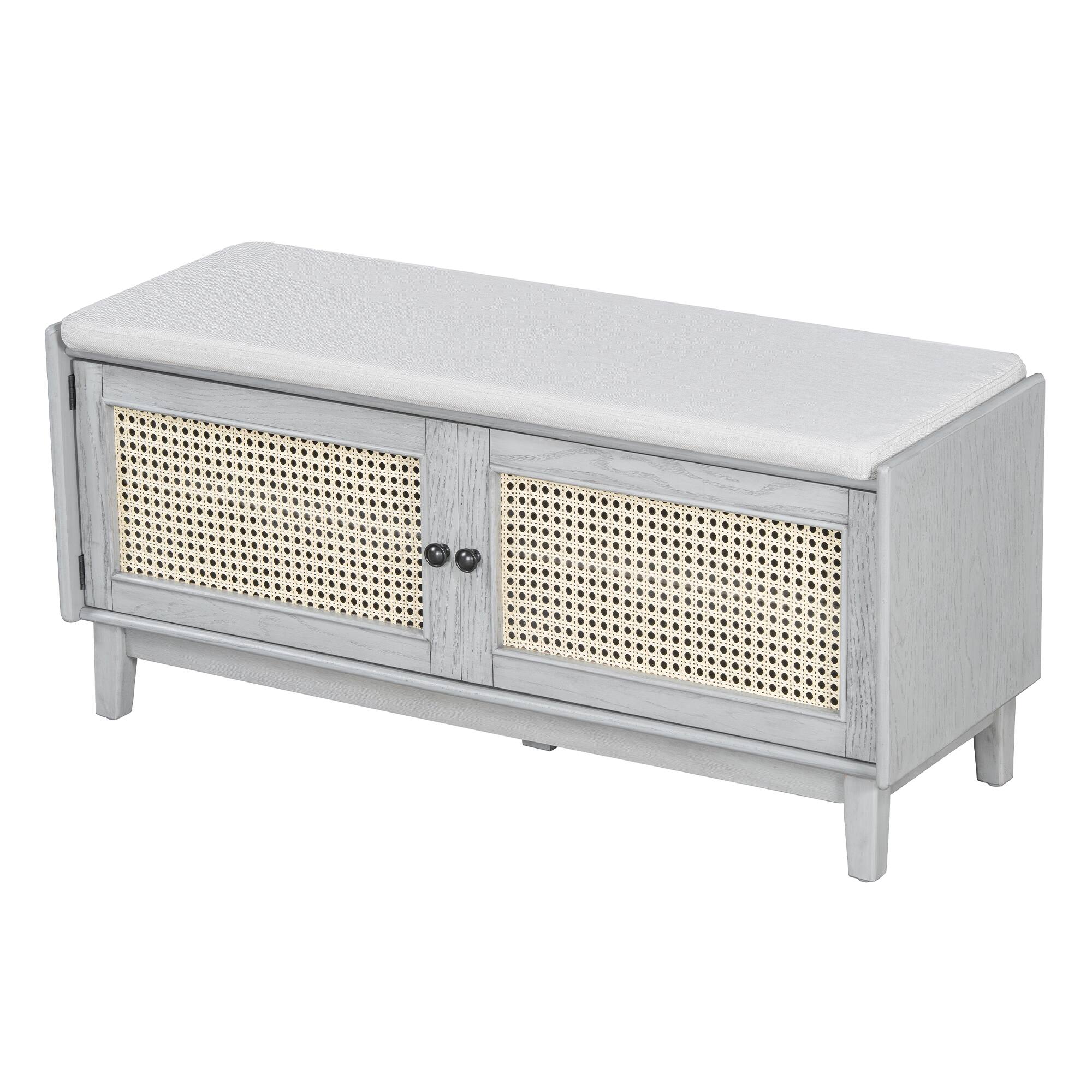 Angle. Whisen - Rattan Shoe Storage Bench with Double Doors and Adjustable Shelves-Gray Wash - Gray Wash.