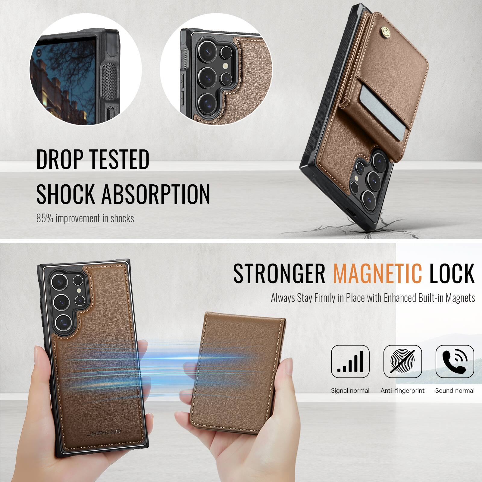 DROP TESTED  
SHOCK ABSORPTION  
85% improvement in shocks  

STRONGER MAGNETIC LOCK  
Always Stay Firmly in Place with Enhanced Built-in Magnets  

Signal normal  
Anti-fingerprint  
Sound normal