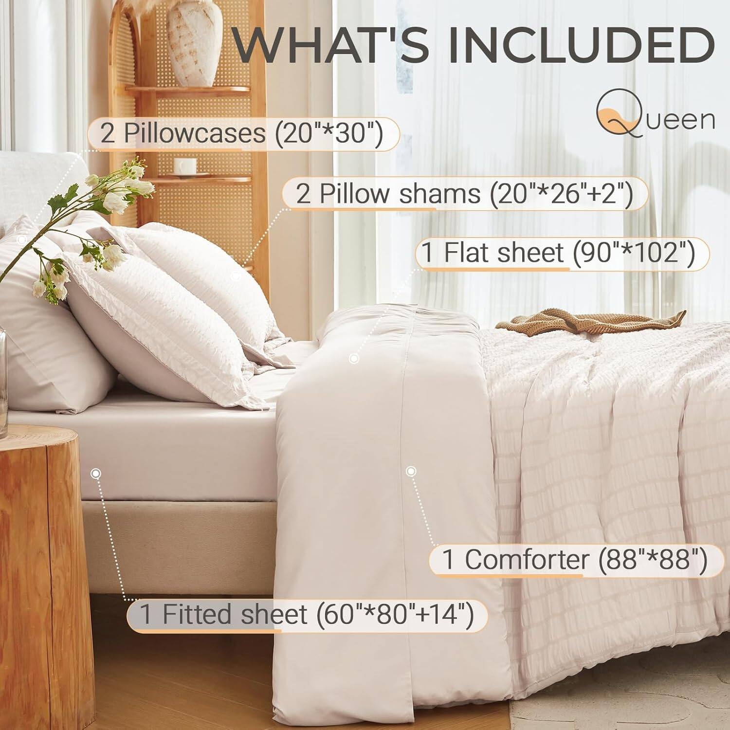 WHAT'S INCLUDED  
Queen  
2 Pillowcases (20"*30")  
2 Pillow shams (20"*26"+2")  
1 Flat sheet (90"*102")  
1 Comforter (88"*88")  
1 Fitted sheet (60"*80"+14")