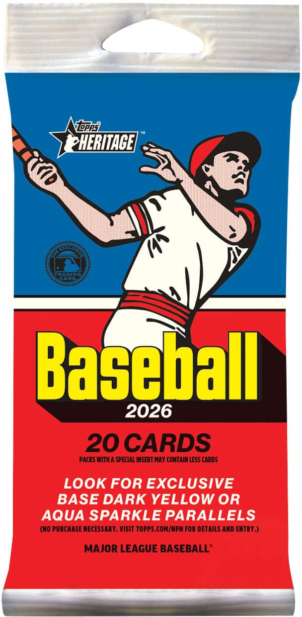 Topps Heritage Trading Card Baseball 2026  
20 Cards  
Packs with a special insert may contain less cards.  
Look for exclusive base dark yellow or aqua sparkle parallels.  
(No purchase necessary. Visit topps.com/NPN for details and entry.)  
Major League Baseball