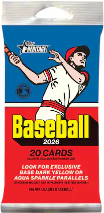 Topps Heritage Trading Card Baseball 2026
20 Cards
Packs with a special insert may contain less cards.
Look for exclusive base dark yellow or aqua sparkle parallels.
(No purchase necessary. Visit topps.com/NPN for details and entry.)
Major League Baseball