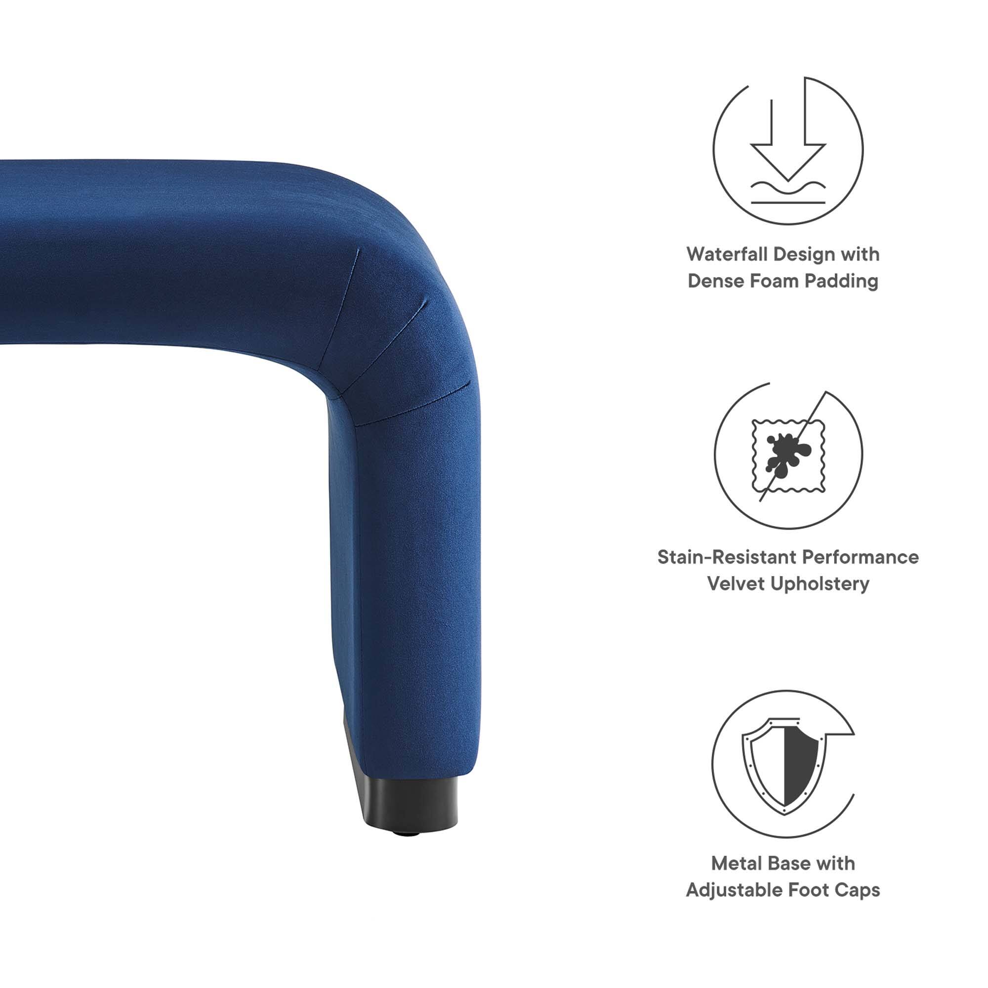 - Waterfall Design with Dense Foam Padding
- Stain-Resistant Performance Velvet Upholstery
- Metal Base with Adjustable Foot Caps