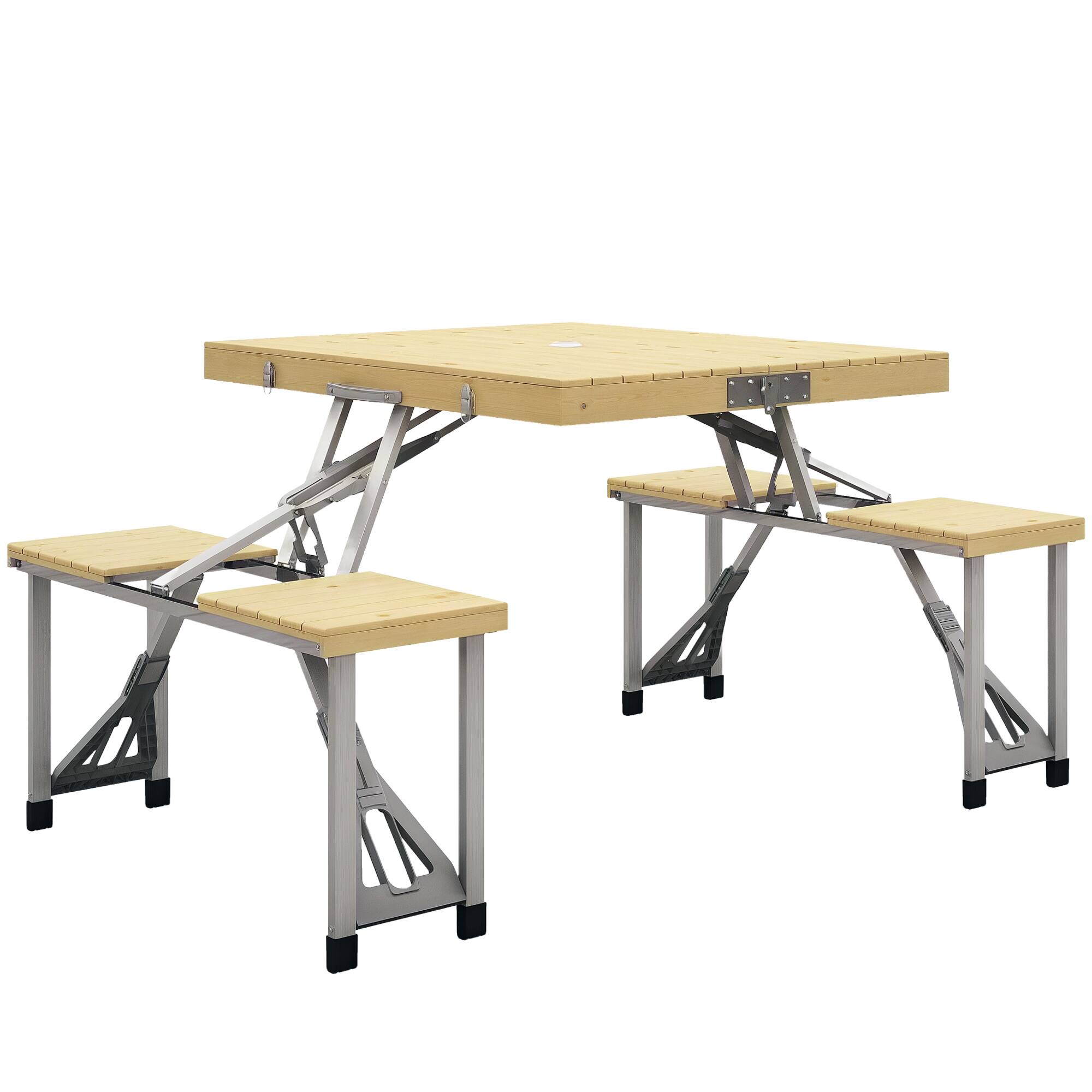 Front. Outsunny - Folding Picnic Table with Seats and Umbrella Hole, Aluminum Frame Camping Table and Chairs Set, Portable for Patio - Natural Wood.
