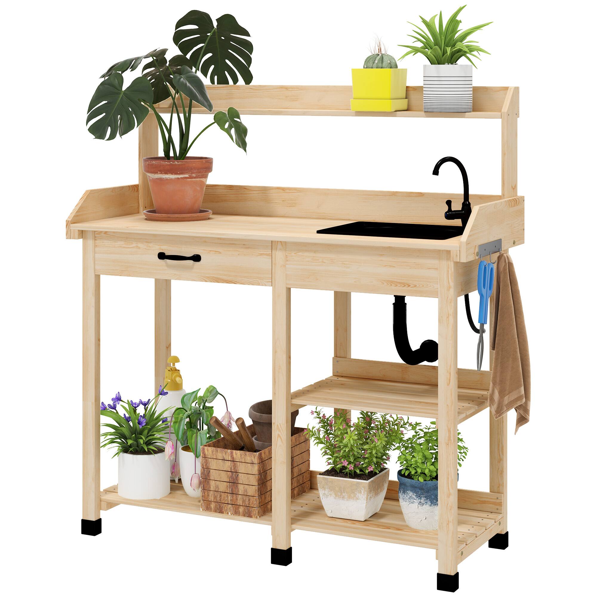 Outsunny - Potting Bench Table, Outdoor Garden Table Wooden Work Station with Removable Sink, Faucet, Drawer, Shelves, Hooks - Natural Wood
