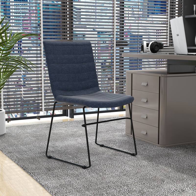 Left. LeisureMod - Zylar Office Guest Chair with PU Leather, Foam Cushion & Stainless Steel Base - Dark Blue.