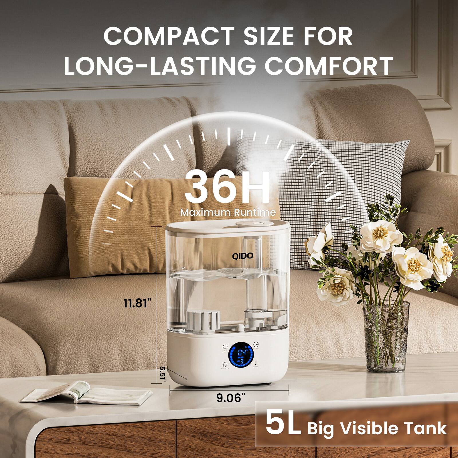 COMPACT SIZE FOR LONG-LASTING COMFORT

36H Maximum Runtime

QIDO

11.81" U

5.51" W

9.06" H

5L Big Visible Tank