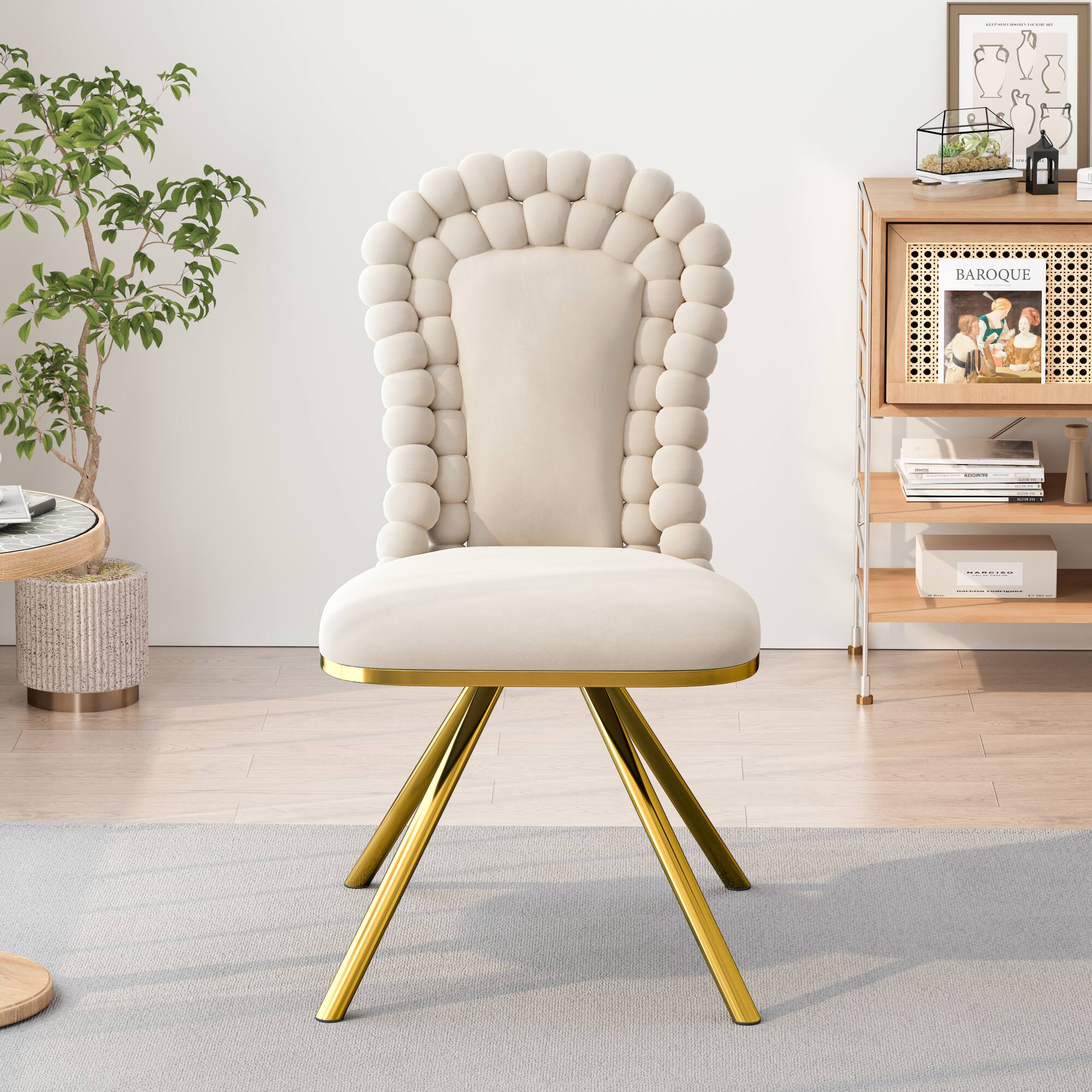 Alt View 8. GOODSILO - Set of 2 Velvet Upholstered Dining Chairs with Gold Metal Legs and 360-Degree Swivel Feature - Beige.