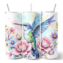 OrnamentallyYou - Beautiful Floral Hummingbird 20oz Tumbler With Lid and Stainless Steel Straw - Multicolored