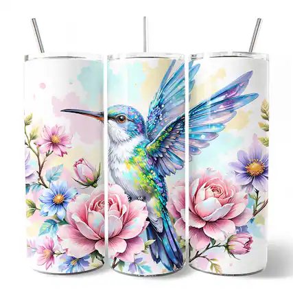 Front. OrnamentallyYou - Beautiful Floral Hummingbird 20oz Tumbler With Lid and Stainless Steel Straw - Multicolored.