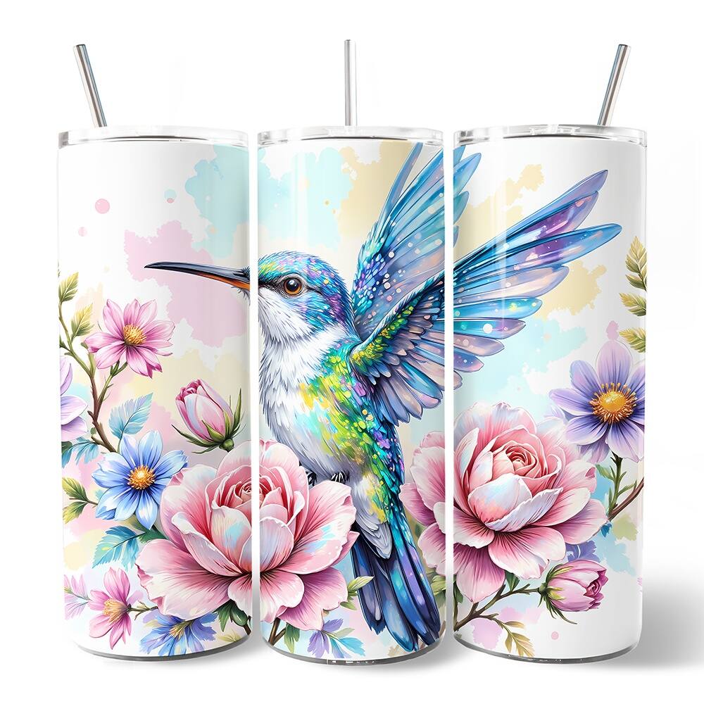 Front. OrnamentallyYou - Beautiful Floral Hummingbird 20oz Tumbler With Lid and Stainless Steel Straw - Multicolored.