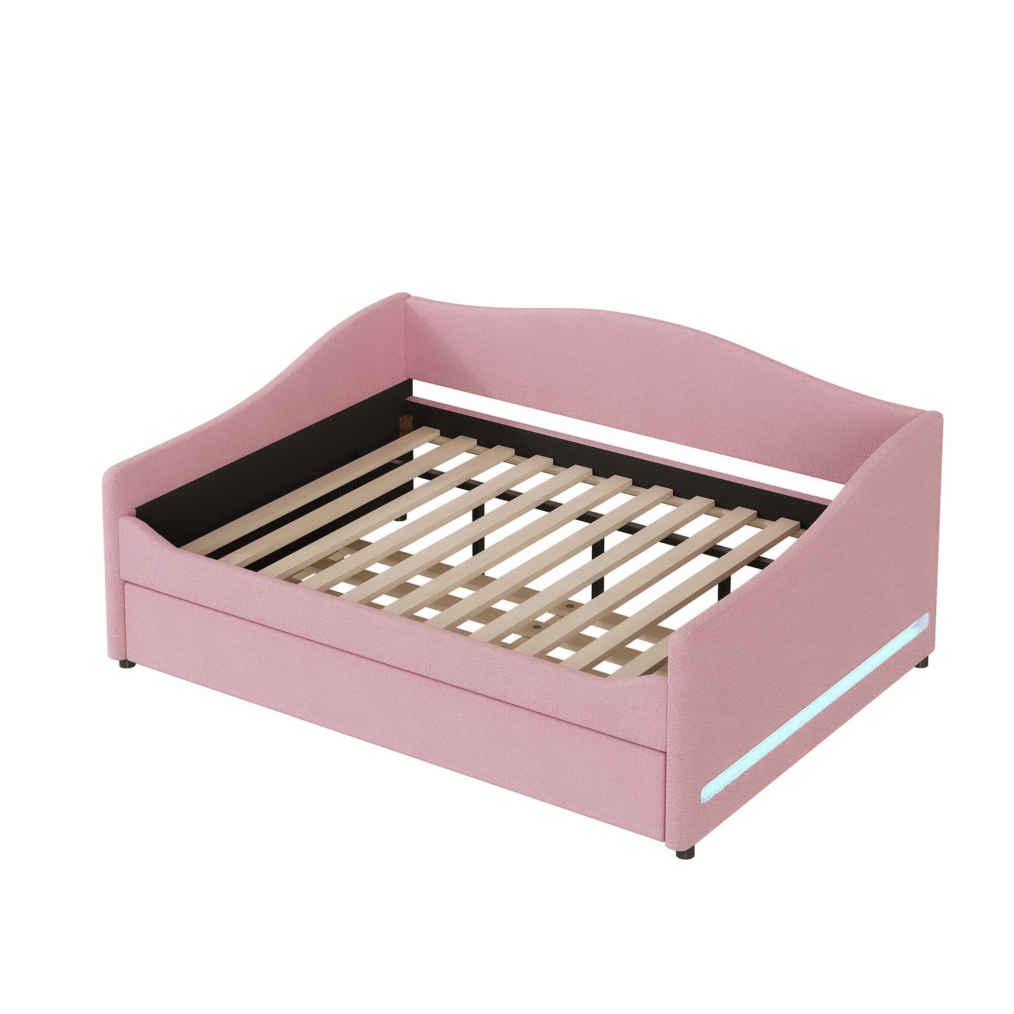 Alt View 1. Tiramisubest - Teddy Fleece Full Size Upholstered Daybed with Light and Trundle, Pink - Pink.