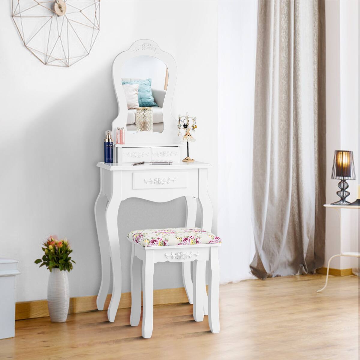 Alt View 1. Costway - Costway Vanity Jewelry Makeup Dressing Table Stool Drawer - White.