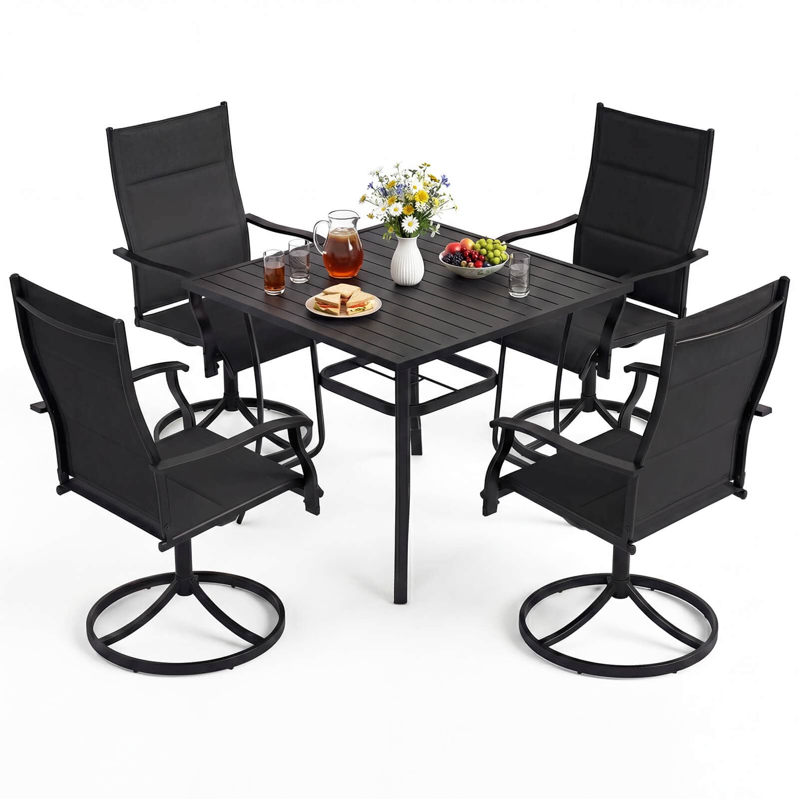 Costway - 5PCS Outdoor Dining Set, 4 Swivel Chairs & Square Patio Table with Umbrella Hole - Black