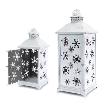 Alt View 1. Melrose - Set of 2 Large White Cut-Out Snowflake All-Weather Iron and Glass Christmas Candle Lanterns - White.