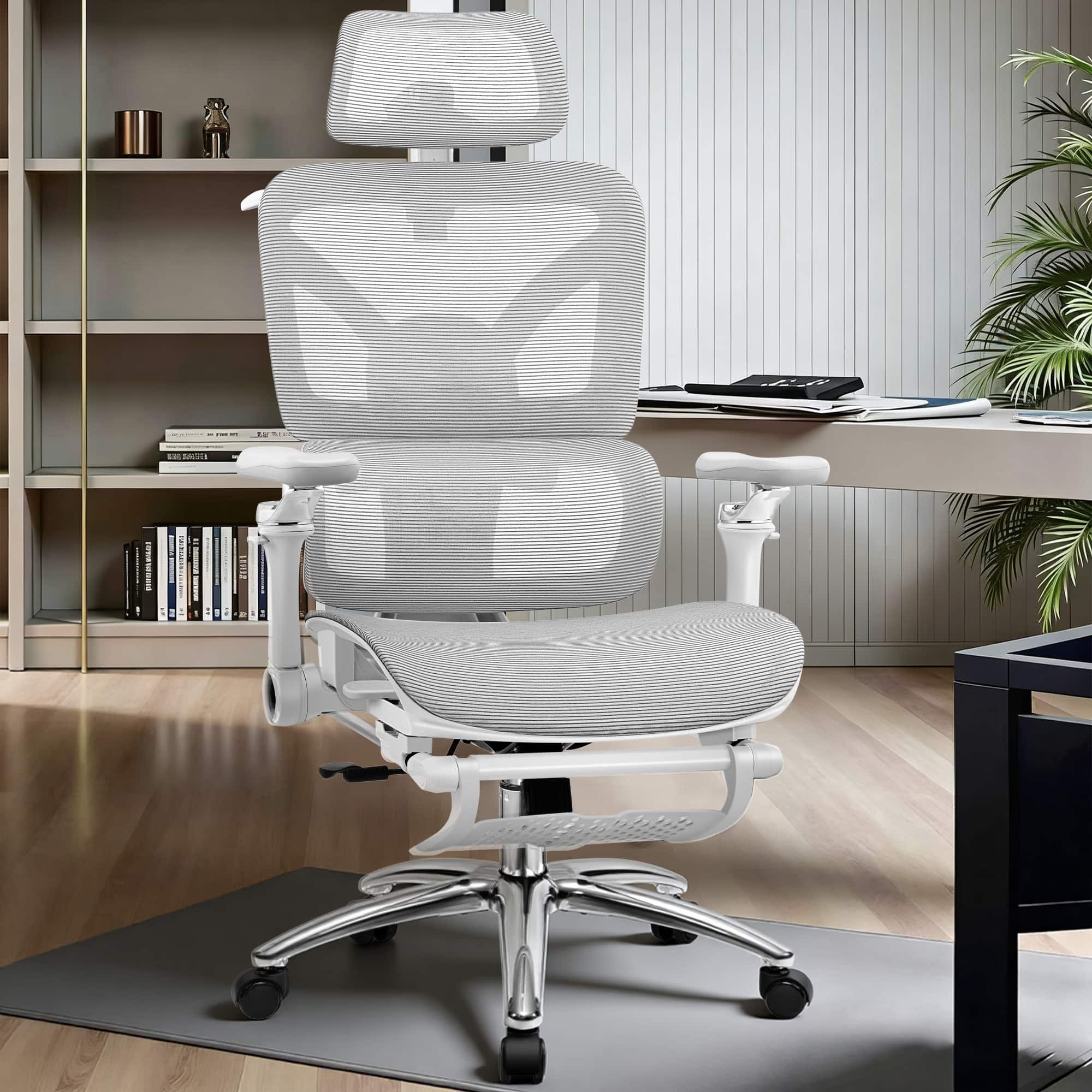 KERDOM - All in one High-End Ergonomic Office Chair with Footrest Advanced Mesh Cushion, Adjustable Seat Depth Lumbar & Armrest - Light Gray