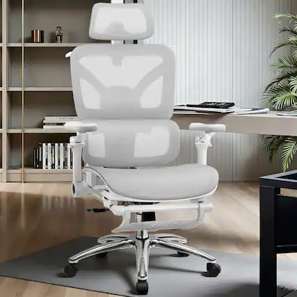 Front. KERDOM - All in one High-End Ergonomic Office Chair with Footrest Advanced Mesh Cushion, Adjustable Seat Depth Lumbar & Armrest - Light Gray.