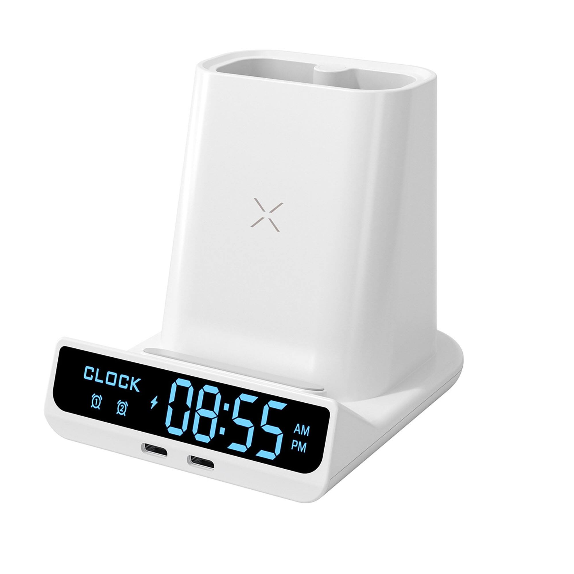 YONWAY - Wireless Charging Station, Pen Holder Storage Box and Clock/Alarm Clock, Fast Charger Stand for iPhone - White