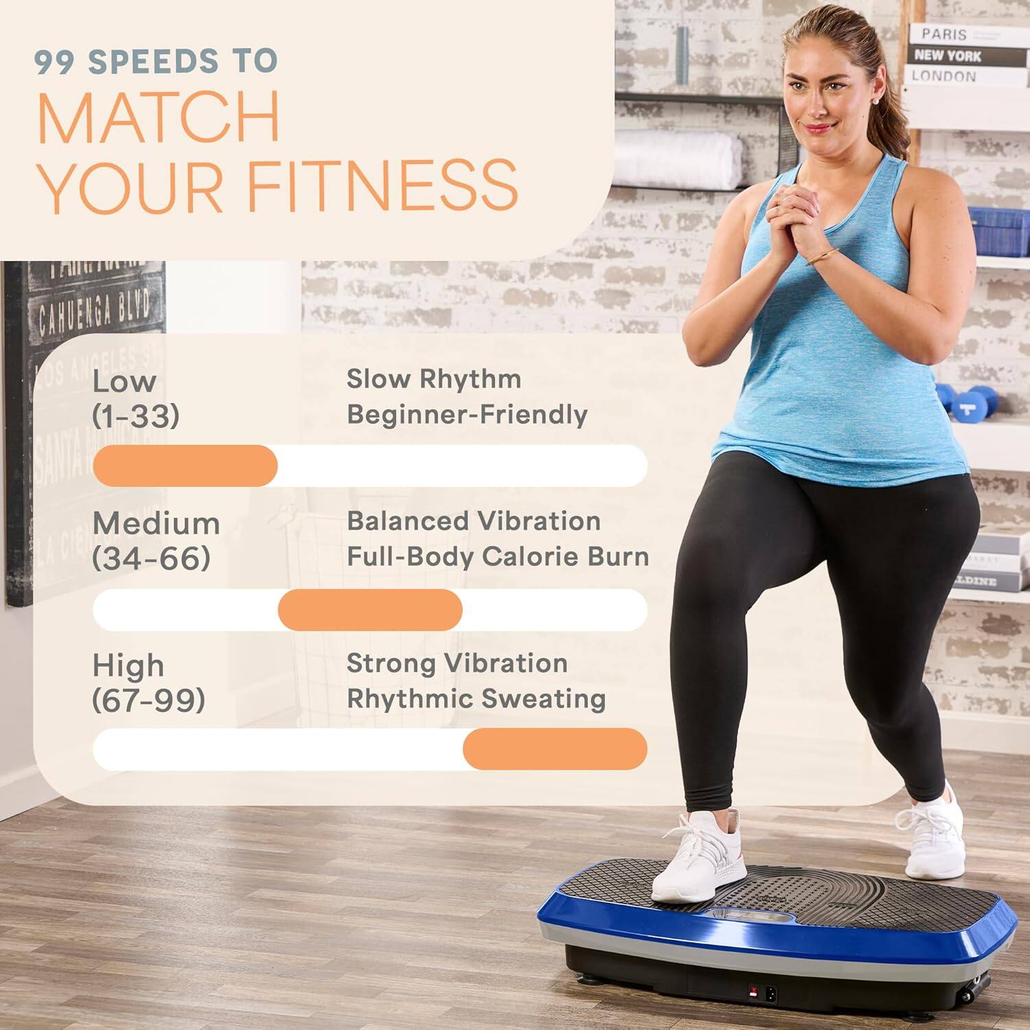 99 SPEEDS TO MATCH YOUR FITNESS

Low (1-33)
Slow Rhythm
Beginner-Friendly

Medium (34-66)
Balanced Vibration
Full-Body Calorie Burn

High (67-99)
Strong Vibration
Rhythmic Sweating