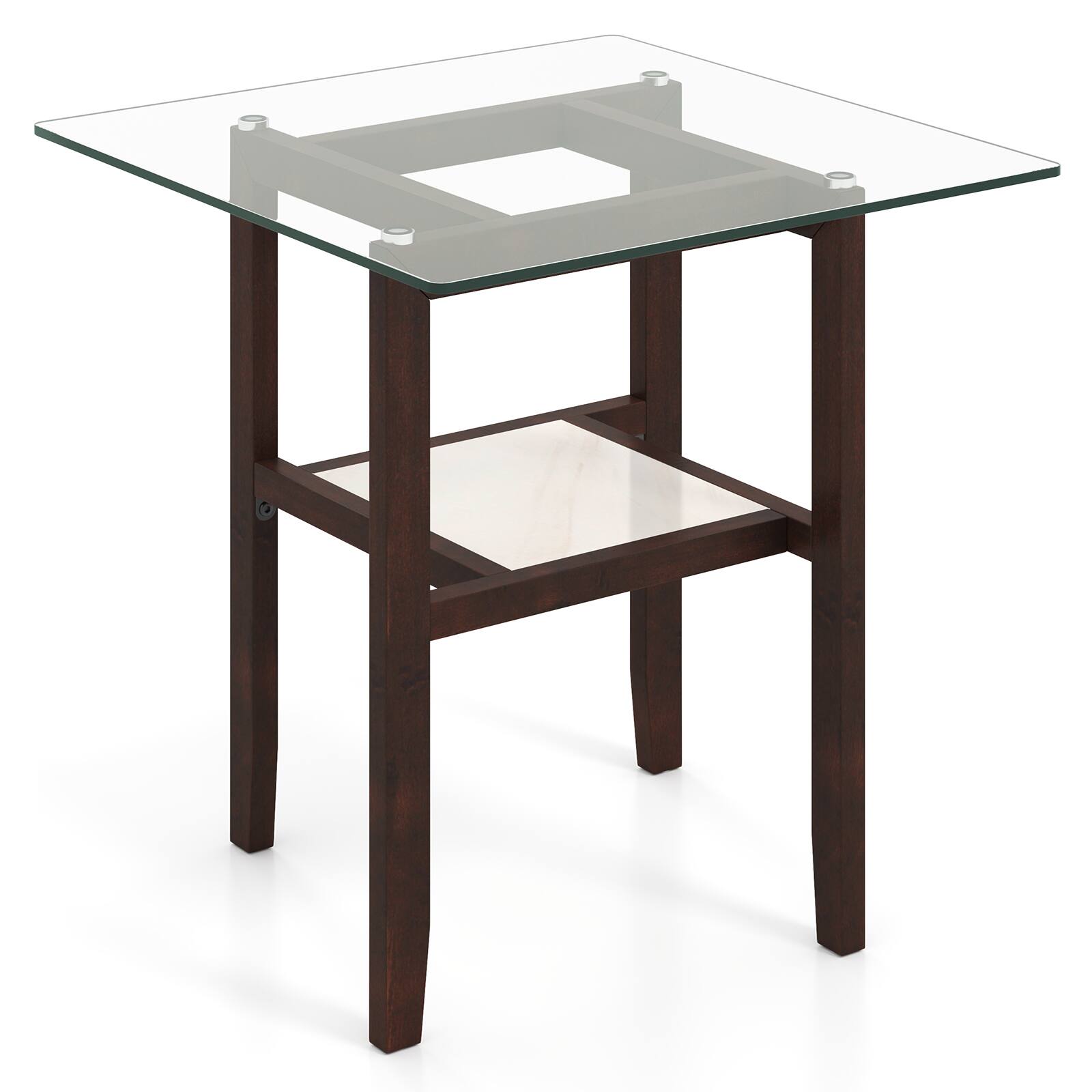 Alt View 9. Gymax - Gymax 24'' Square Glass Side Table w/Storage Shelf & Rubber Wood Frame for Living Room - Transparent, Brown.