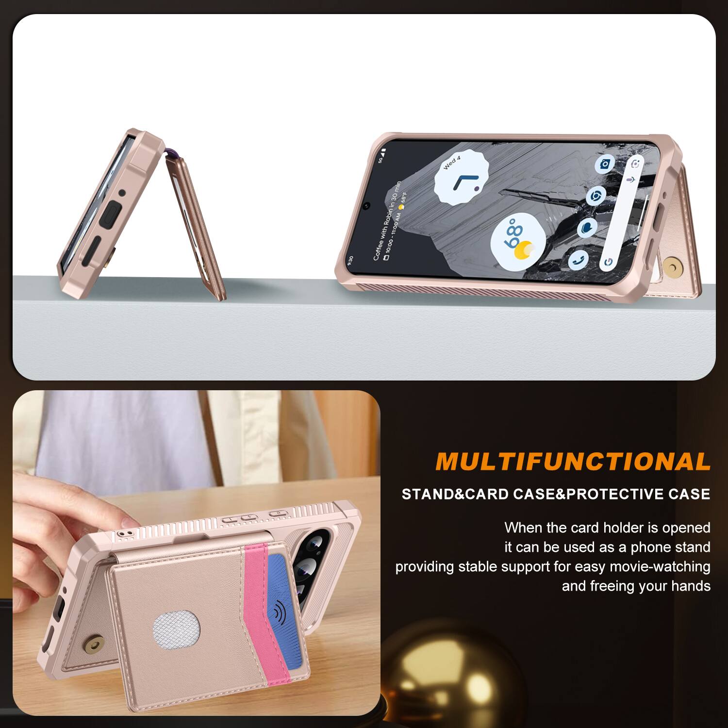 30 i 3 u C 30 607 O i peQon AG I Coffee 10:00- D a Wed . 68 J 0  MULTIFUNCTIONAL STAND&CARD CASE&PROTECTIVE CASE  CO When the card holder is opened it can be used as a phone stand providing stable support for easy movie-watching and freeing your hands