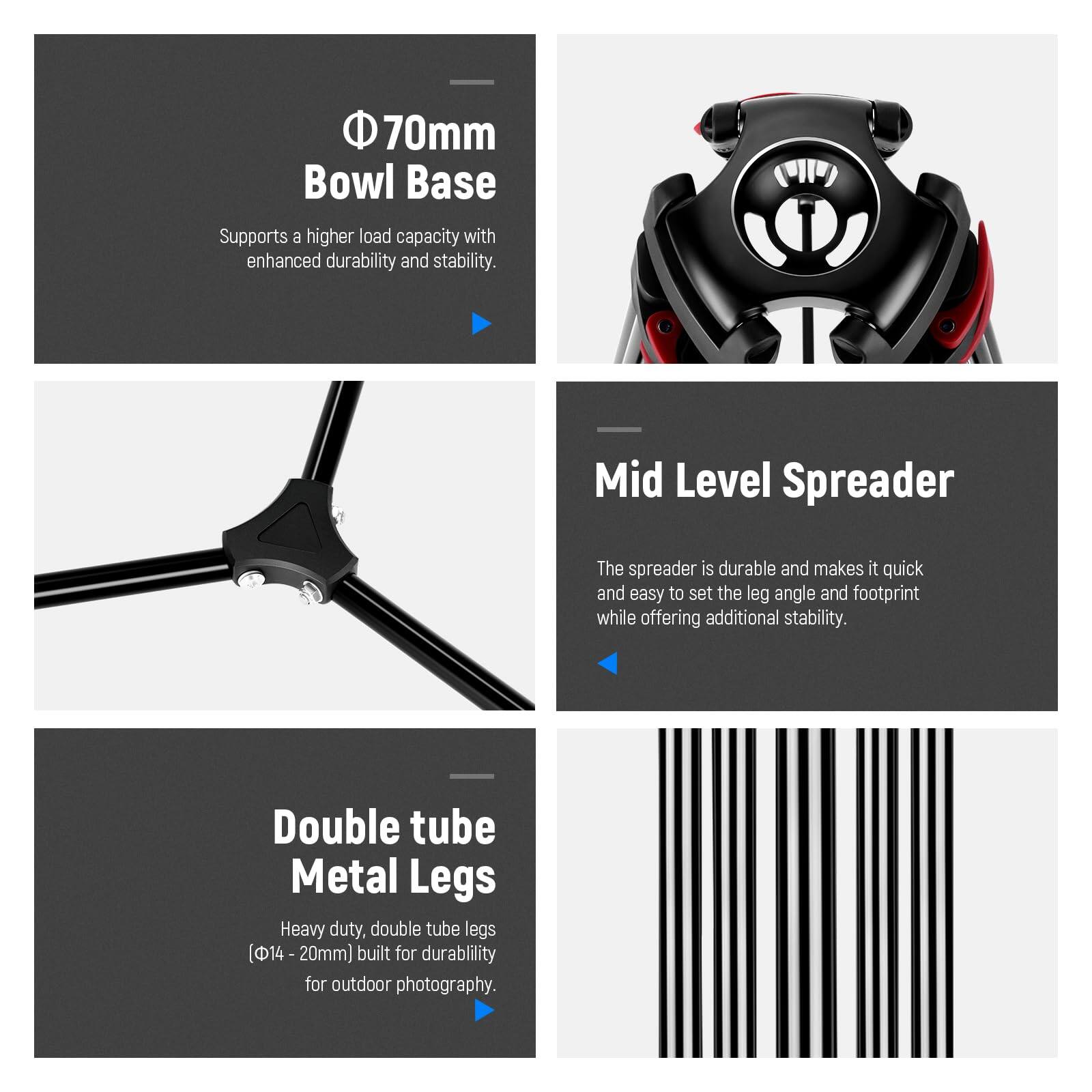 - **70mm Bowl Base**
  - Supports a higher load capacity with enhanced durability and stability.

- **Mid Level Spreader**
  - The spreader is durable and makes it quick and easy to set the leg angle and footprint while offering additional stability.

- **Double tube Metal Legs**
  - Heavy duty, double tube legs (Φ14 - 20mm) built for durability for outdoor photography.