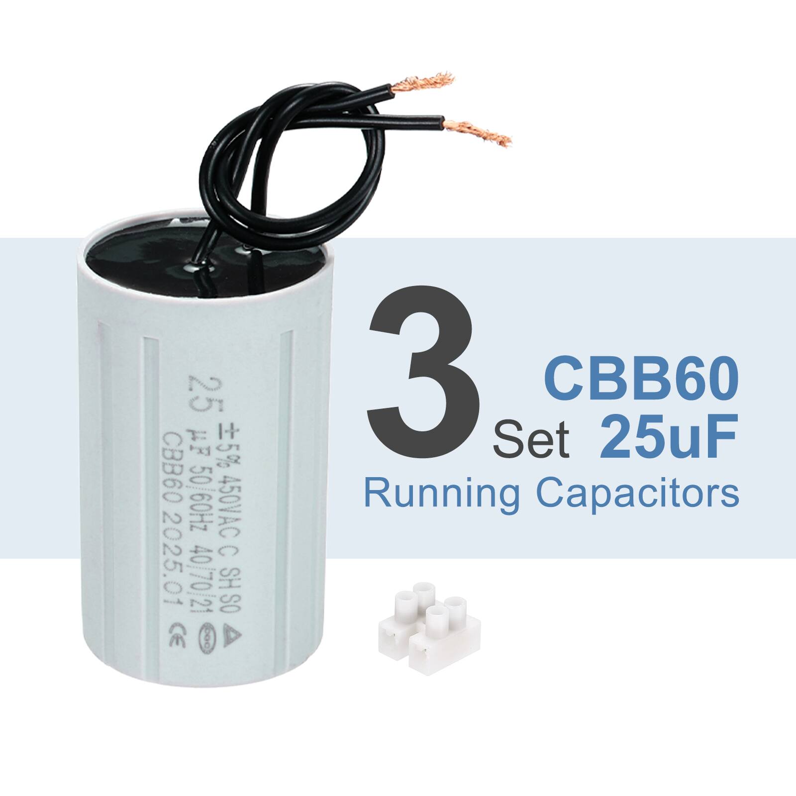 3 Set CBB60 25uF Running Capacitors  
25 UF 5% CBB60 50/60Hz 450VAC C 2025.01 407021 SH SO 21 CE