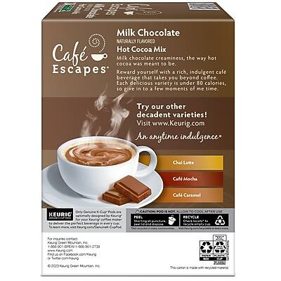 Milk Chocolate  
NATURALLY FLAVORED  
Café Escapes  
Hot Cocoa Mix  

Milk chocolate creaminess, the way hot cocoa was meant to be.  

Reward yourself with a rich, indulgent café beverage that takes you beyond coffee. Each delicious variety is under 80 calories, so give in to a few moments of me time.  

Try our other decadent varieties!  
Visit www.Keurig.com  

An anytime indulgence.  

Chai Latte  
Café Mocha  
Café Caramel  

CAUTION: POO IS PEEL ALLOW  
FOR RECYCLE  

KEURIG  
Designed for use with the Keurig® system.  

1-2739  
2029  

This carton is made with recycled materials.  

© 2012 Keurig Green Mountain, Inc.