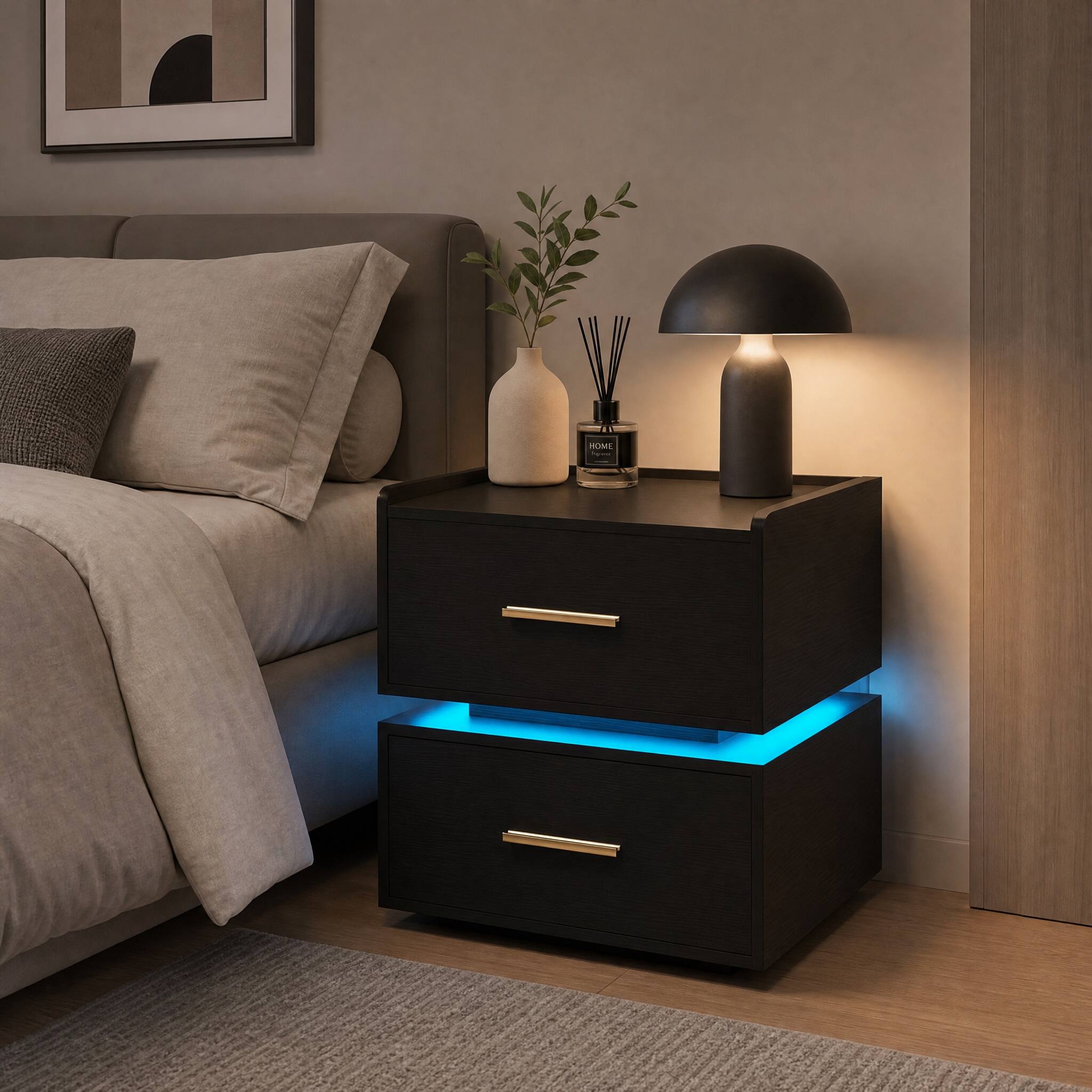 WELLFOR - LED Nightstand with Charging Station and 2 Storage Drawers - Black