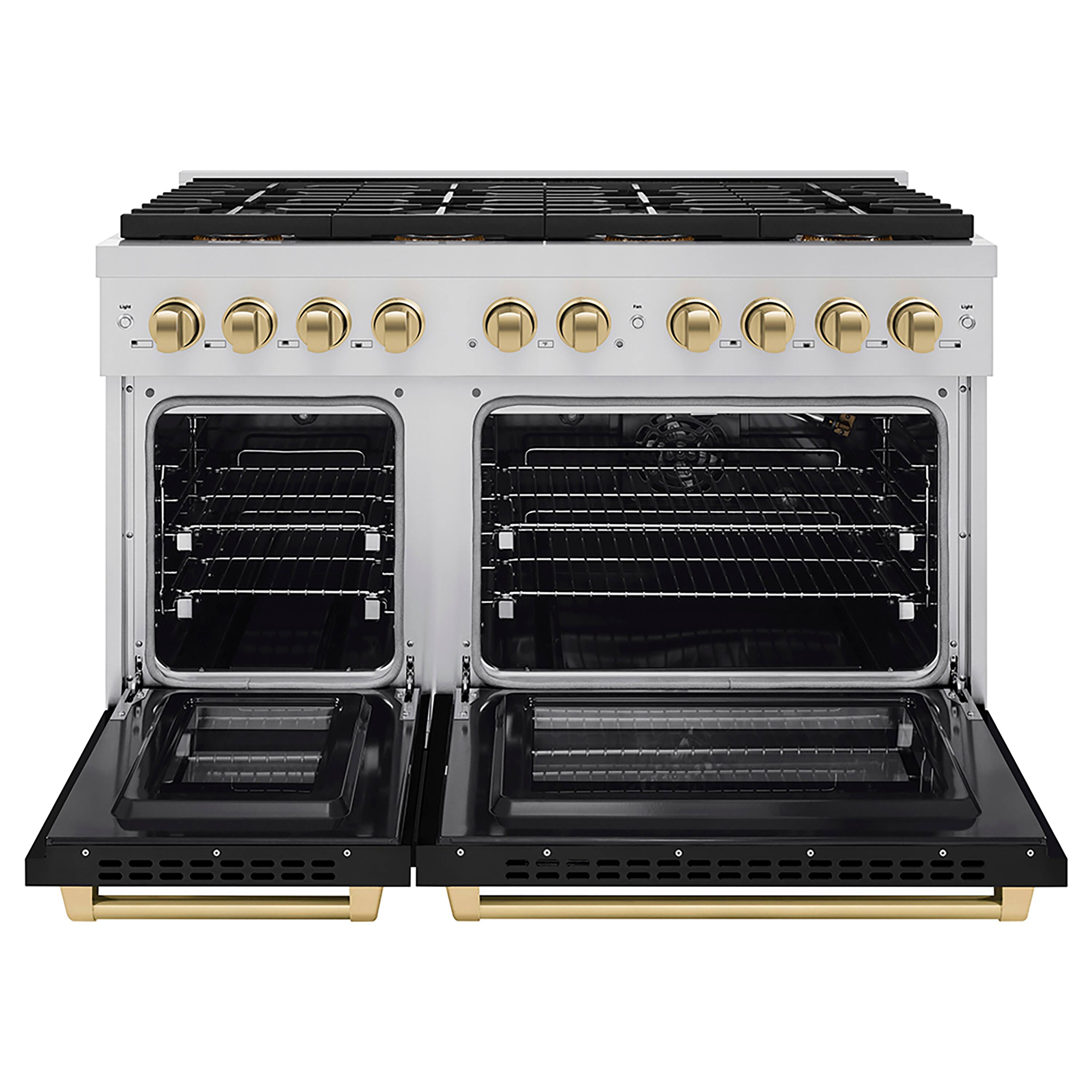 Angle. ZLINE - ZLINE Autograph 48 in. Paramount Gas Range with 8 DuoPro Burners & Black Doors w/ Bronze Accents (PSGRZ-BLM-48-CB) - Stainless Steel with Black Matte Door.