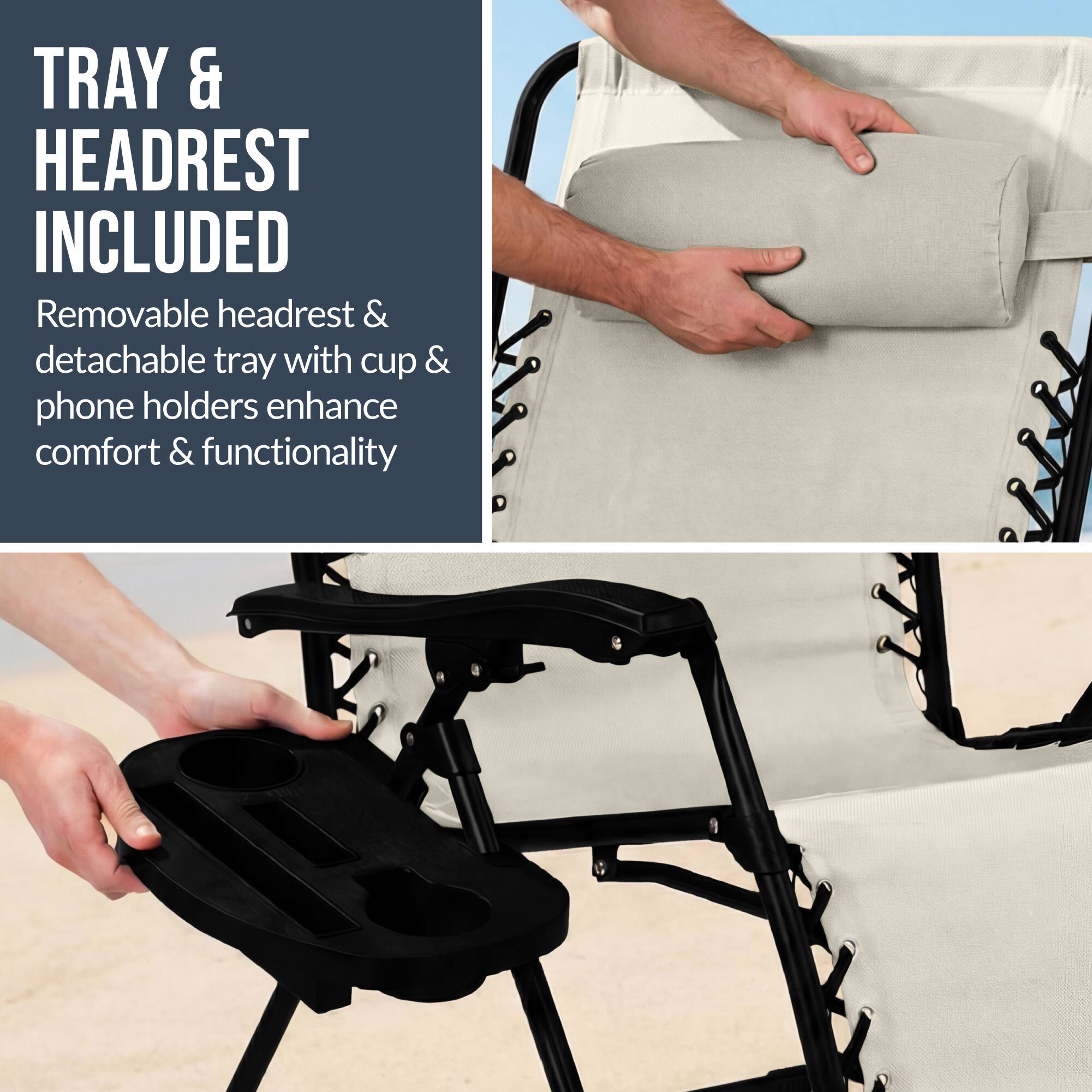 TRAY & HEADREST INCLUDED

Removable headrest & detachable tray with cup & phone holders enhance comfort & functionality