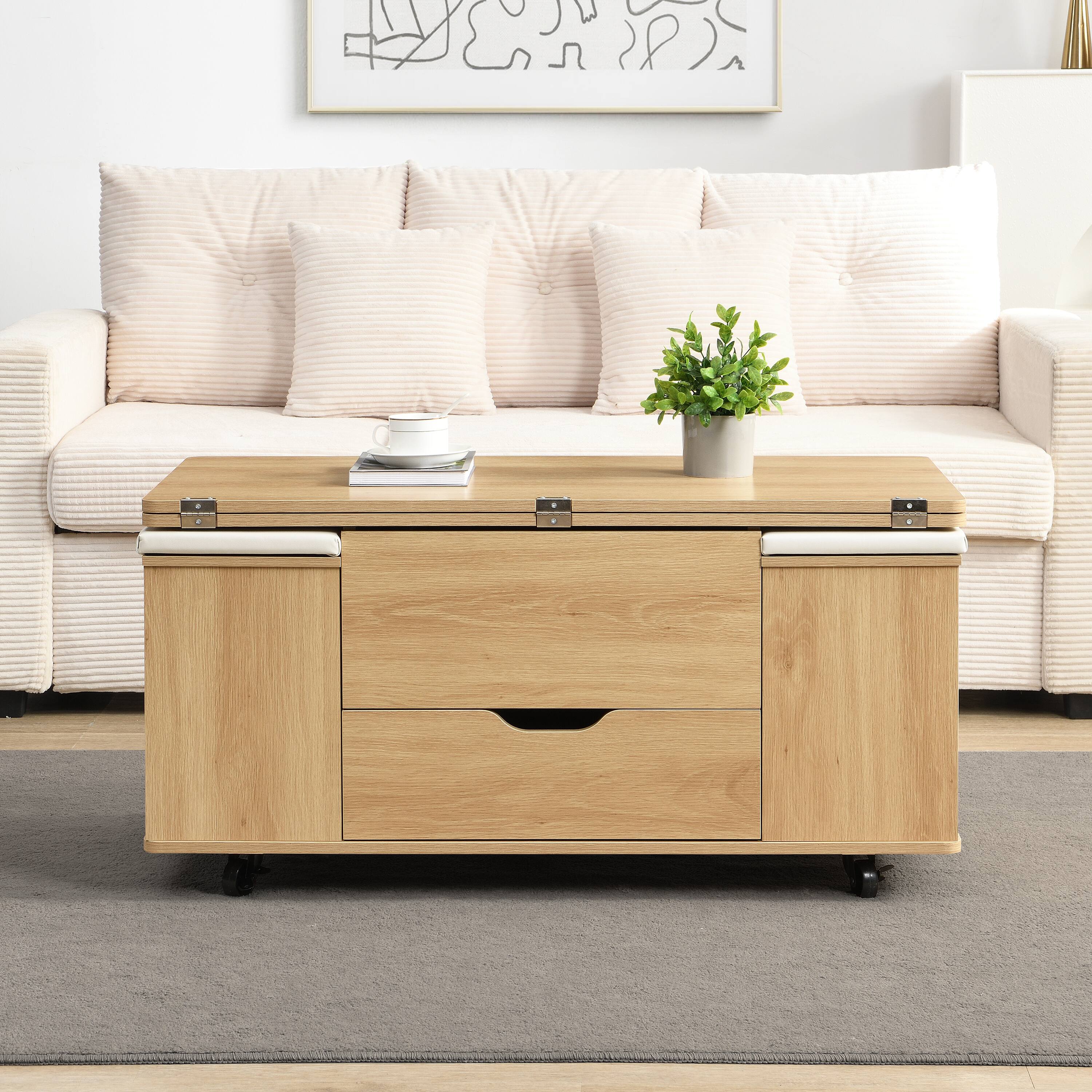 Alt View 8. Ecooso - Coffee Table Multi-Functional Lift-Top with Storage and 4 Stools, Modern Center Table for Living Room - Natural+White.