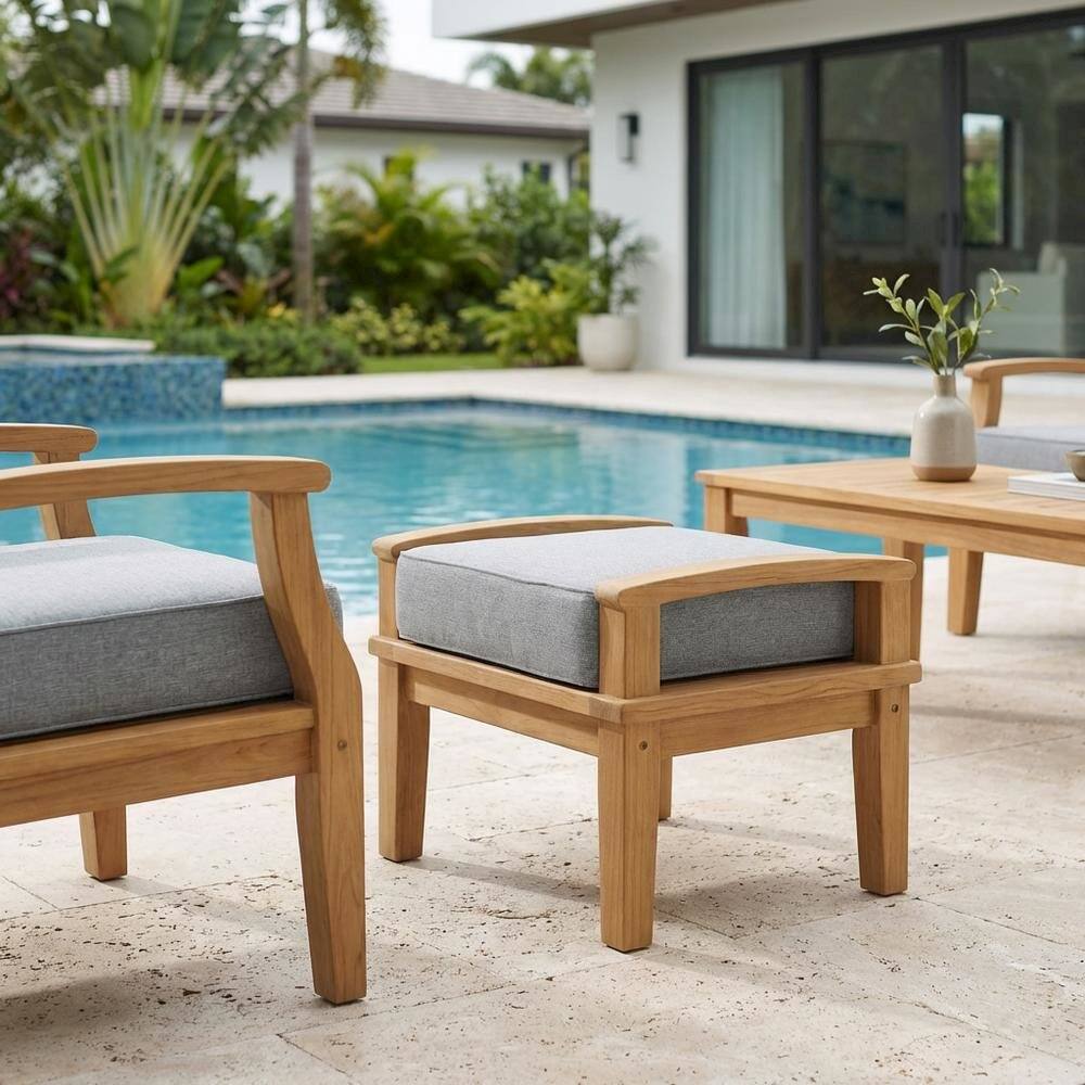 Left. Outdoor Escape - Teak Outdoor Ottoman With Cushioned Seat For Patio Lounging - Gray.