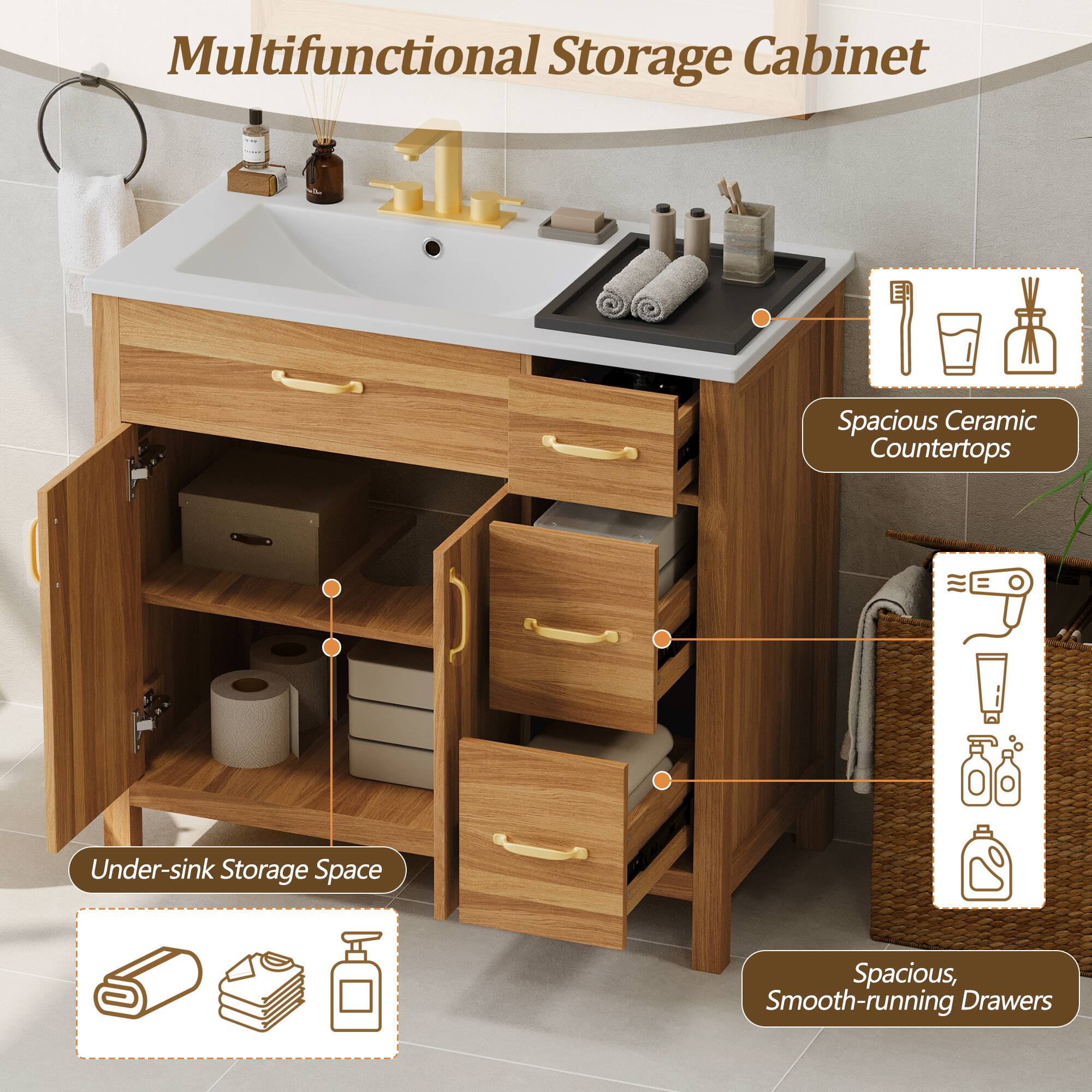 Multifunctional Storage Cabinet

- Spacious Ceramic Countertops
- Under-sink Storage Space
- Spacious, Smooth-running Drawers