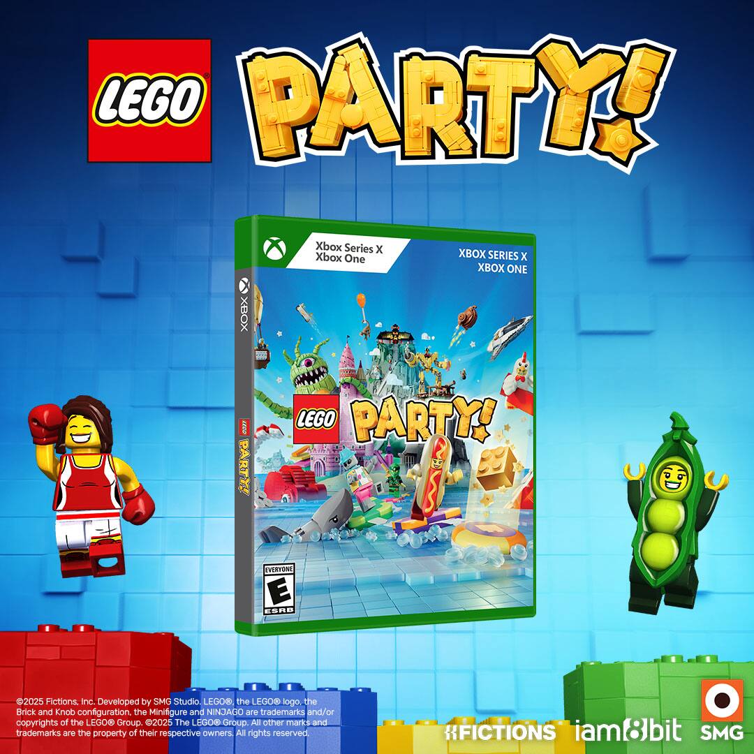 LEGO PARTY! Xbox Series X Xbox One XBOX SERIES X XBOX ONE XBOX ONE EVERYONE E ESRB 2025 Fictions. Inc. Developed by SMG Studio LEGO. the LEGO logo the Brick and Knob configuration. the Minifigure and NINJAGO are trademarks and/or copyrights of ar LEGO Group. 2025 The LEGO Group All other marks and trademarks are the property of their respective owners All rights reserved RFICTIONS iam8bit bit SMG