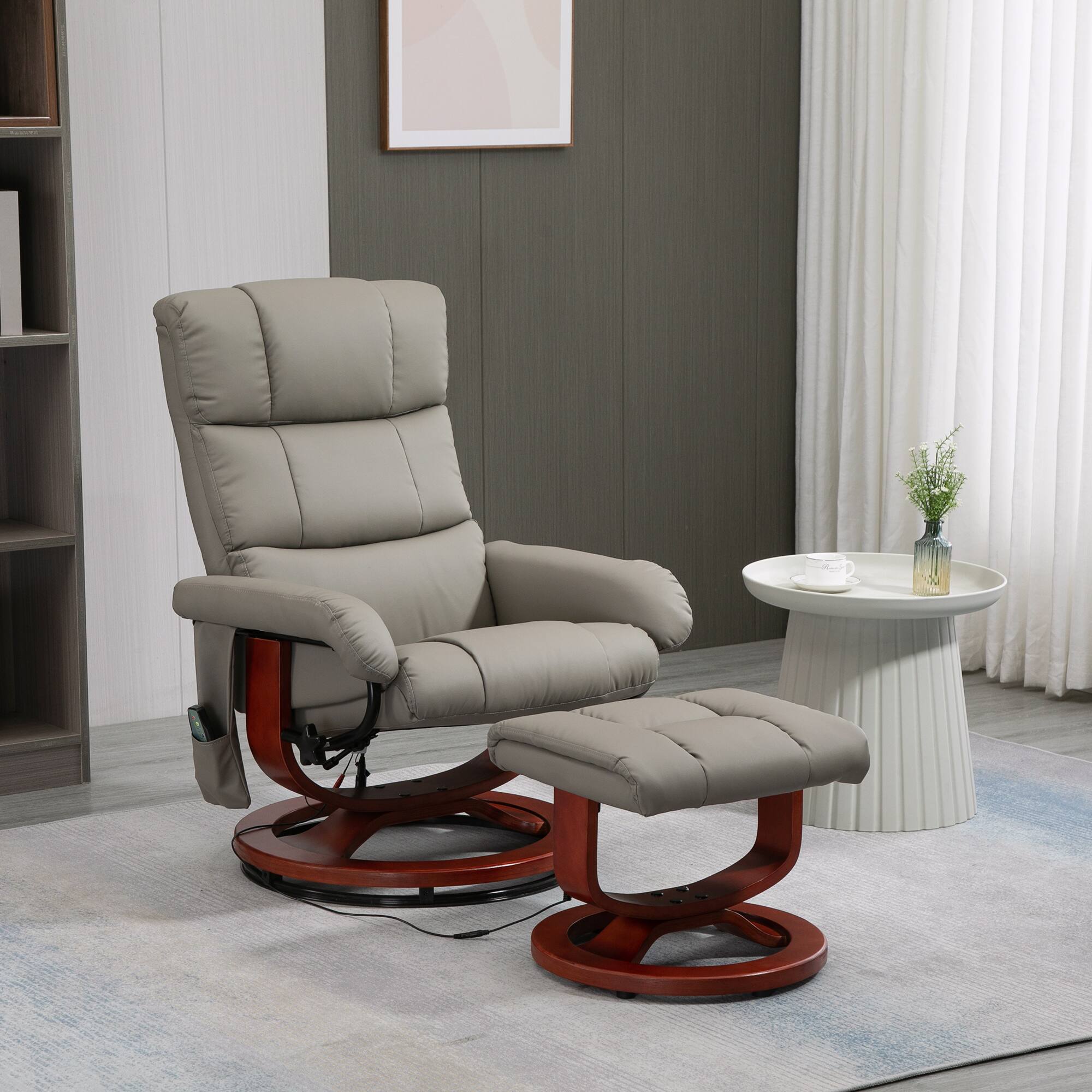 Angle. Homcom - Massage Recliner with Ottoman, Swivel Recliner, Footrest, Faux Leather, Remote, 10 Vibration Points - Grey.