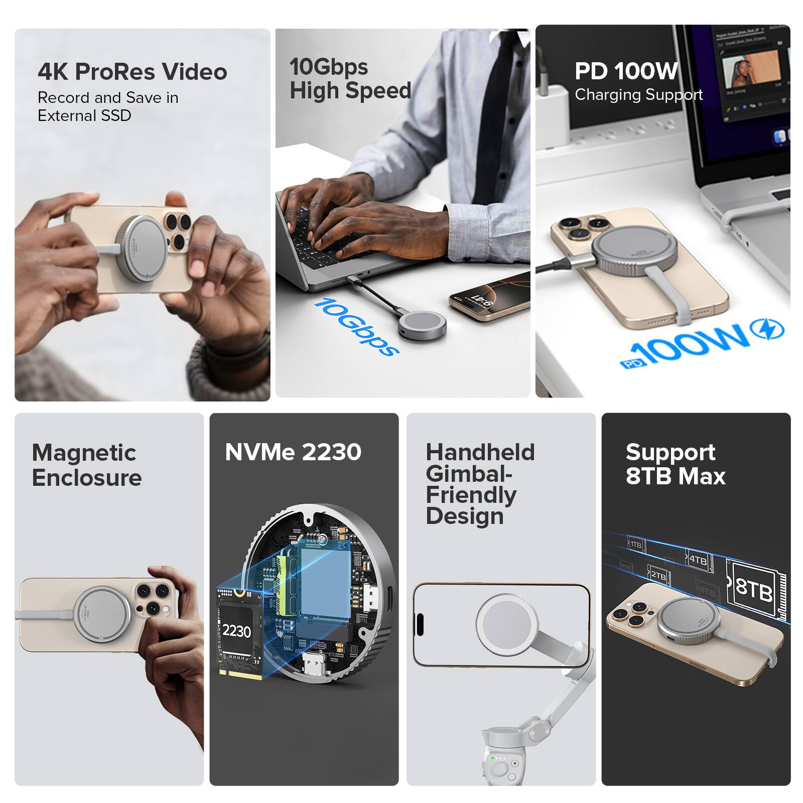 - 4K ProRes Video Record and Save in External SSD
- 10Gbps High Speed
- PD 100W Charging Support
- Magnetic Enclosure
- NVMe 2230
- Handheld Gimbal-Friendly Design
- Support 8TB Max