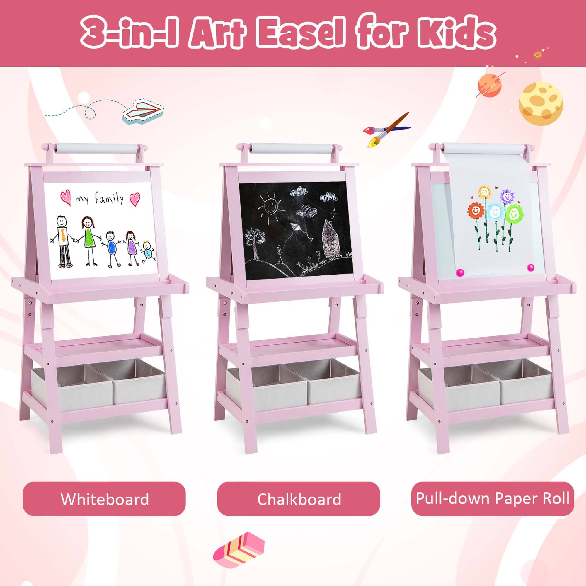 3-in-1 Art Easel for Kids: Whiteboard, Chalkboard, Pull-down Paper Roll