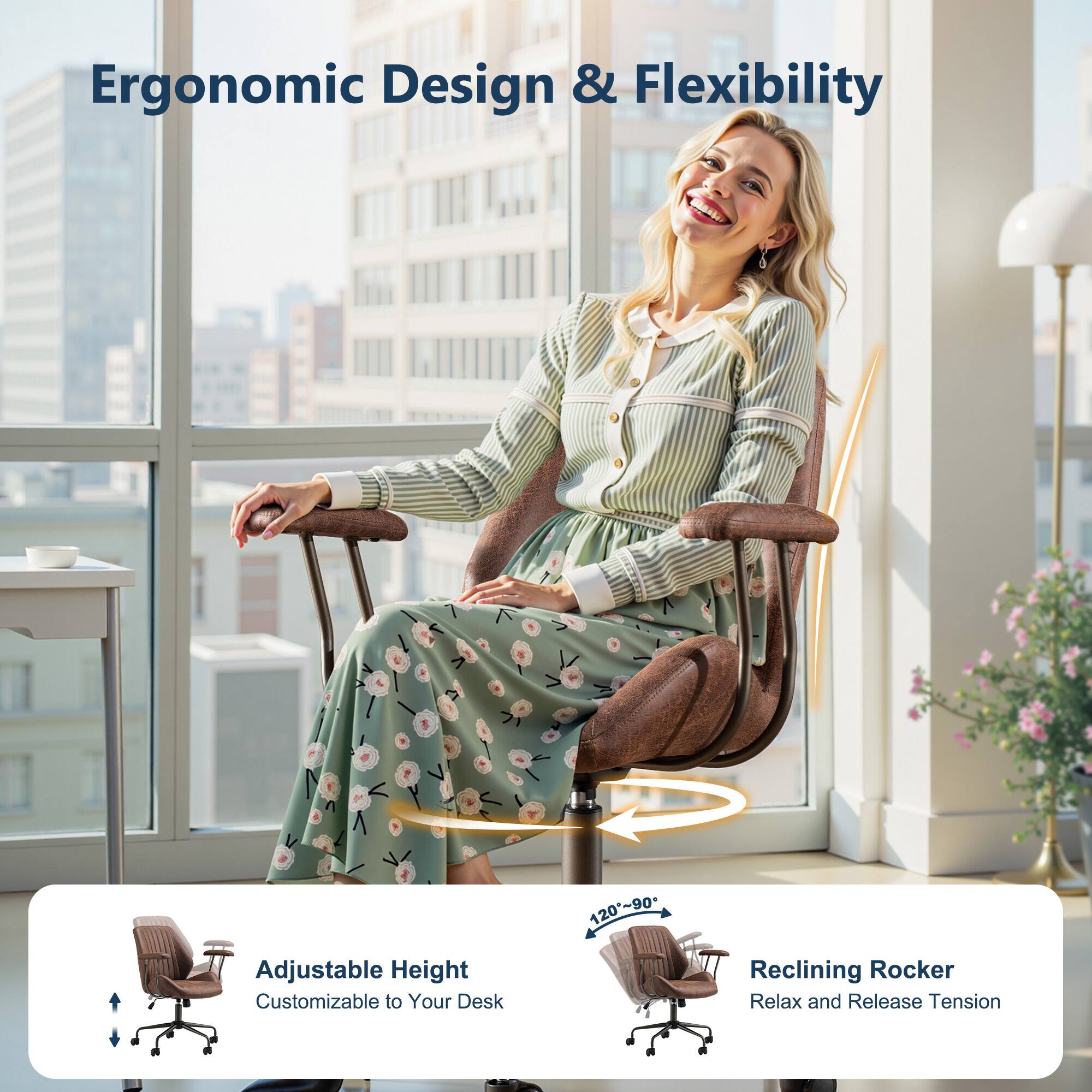 Ergonomic Design & Flexibility

Adjustable Height  
Customizable to Your Desk

Reclining Rocker  
Relax and Release Tension