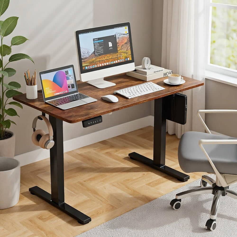 Resenkos - Electric Standing Desk with 3 Memory Height Settings and 2 Hanging Hooks & Cable Management-Rustic Office Desks - Brown