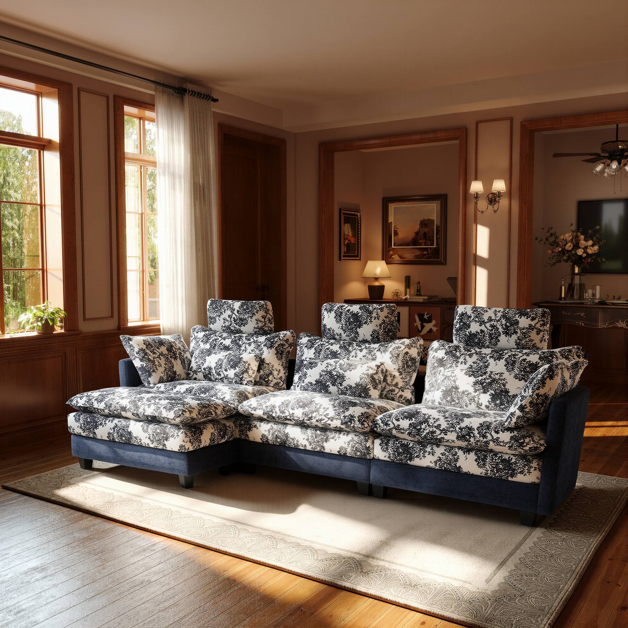 Left. Homsee - Vintage Floral Chenille Sectional Sofa, 4-Seater L-Shaped Couch with High Backrest, Spring Support & Plush Pillows - Dark Blue.