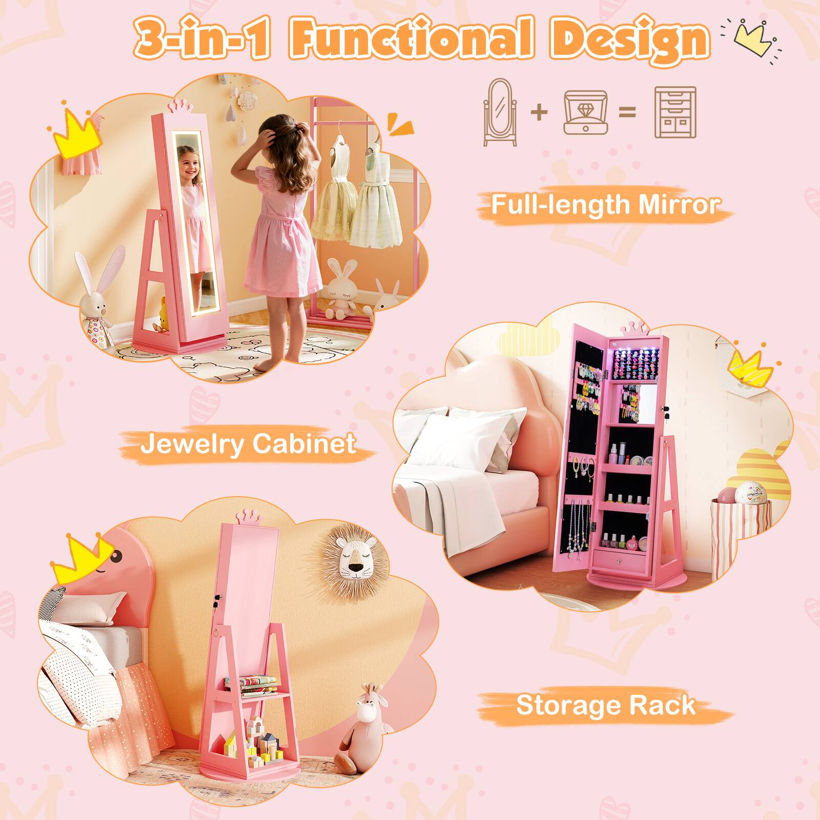 3-in-1 Functional Design

Full-length Mirror

Jewelry Cabinet

Storage Rack