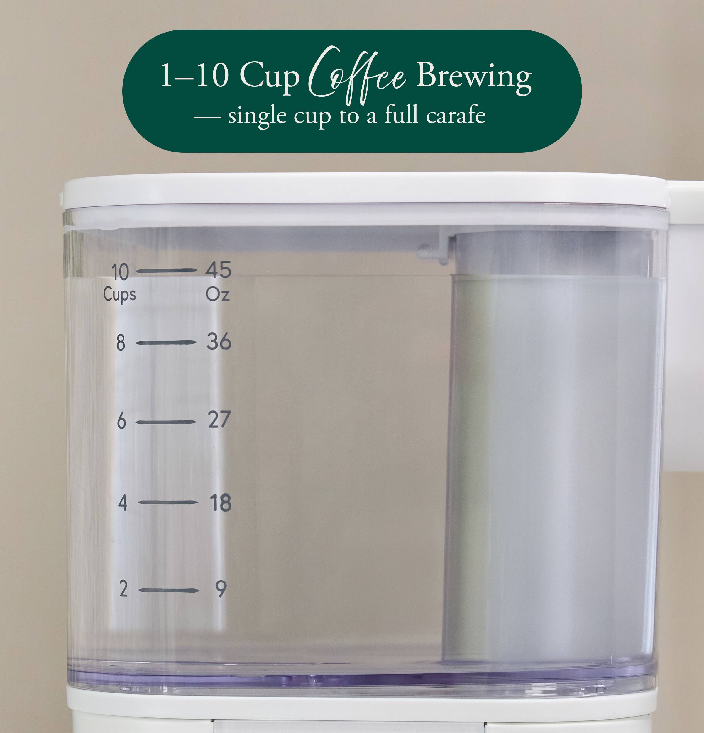 1-10 Cup Coffee Brewing - single cup to a full carafe

10 Cups 45 Oz
8 36
6 27
4 18
2 9