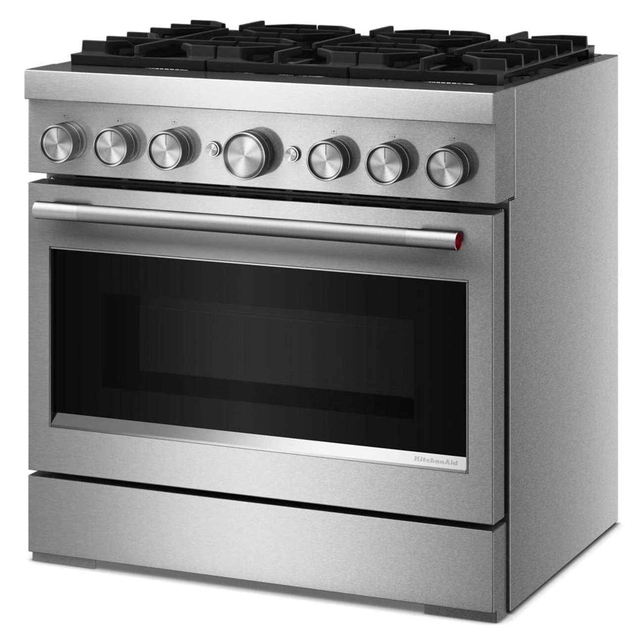 Left. KitchenAid - 36 inch Wide 6 burner Commercial-Style 5.1 cu. ft. Freestanding Dual Fuel Range with No Preheat Air Fry Mode - Stainless Steel.