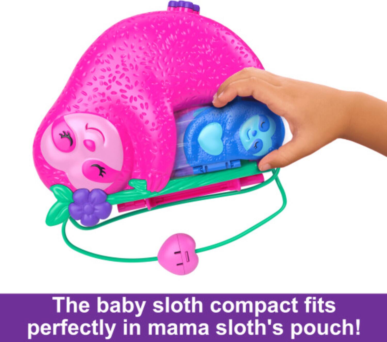 The baby sloth compact fits perfectly in mama sloth's pouch!